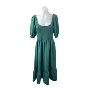 Hill House Home The Louisa Crepe Green Half Sleeve Smocked A Line Midi Dress M